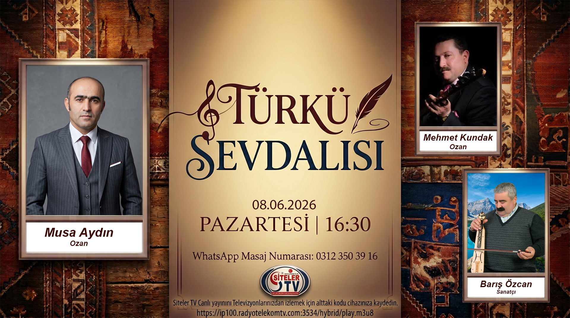 Ozan Musa Aydın’ın hazırlayıp sunduğu Türkü Sevdalısı Müzik programında bu hafta Ozan mehmet Kundak ve Sanatçı Barış Özcan…2026